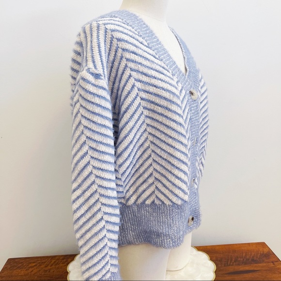 Frnch Paris Blue White Chevron Chenille Cardigan - Picture 3 of 13